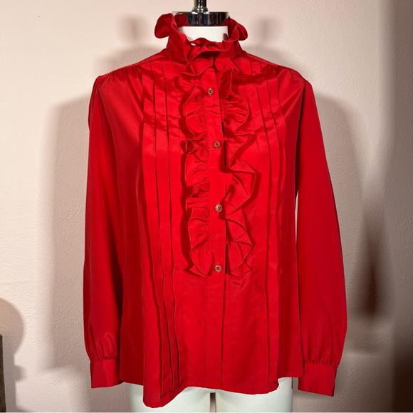 Vintage 70 80 Lilli Ann Retro Victorian Red Ruffle Front Feminine Tuxedo shirt - Picture 9 of 17